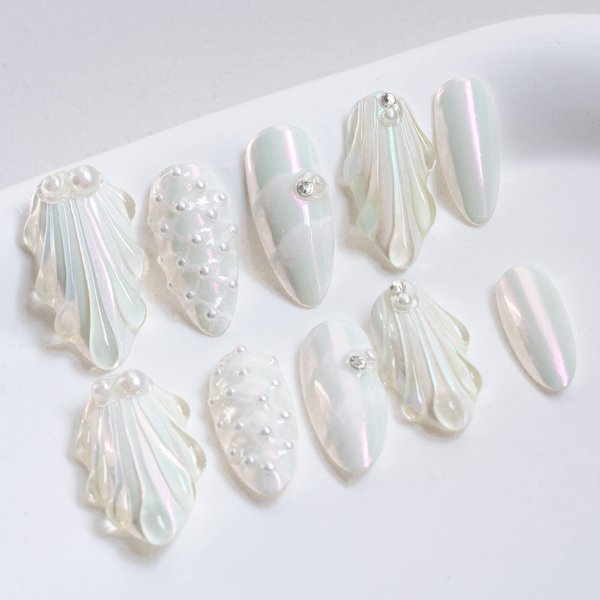 Sun&Beam Nails Handmade Press On Nail Medium Long Almond Oval Pink White Pearl Shell Fake Tip 3D Design Art Charms Cute with Storage Box 10 Pcs (White-M)