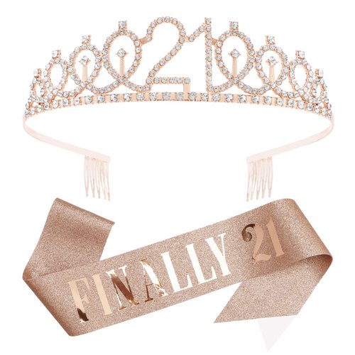 KICOSY 21st Birthday Crowns and Sashes for Women, Birthday Sash Princess Tiara Headband Elegant Rose Gold Crown with Combs for Girls Crystal Tiaras Birthday Headpieces for Party Hair Accessories Gifts