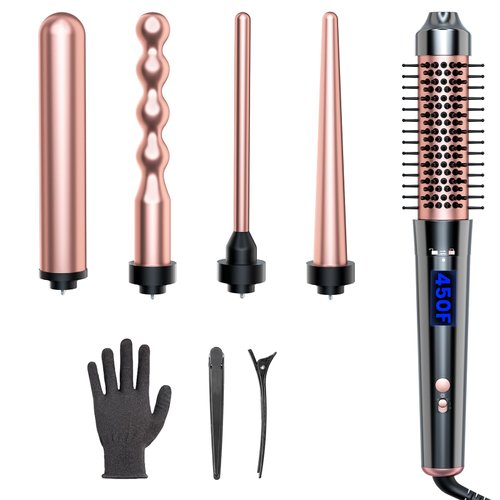 Bo'laiya 5 in 1 Curling Iron Set with Thermal Brush and Temperature Display, 4 Interchangeable Ceramic Curling Wand(0.4'' - 1.3'') and Heat Protective Glove & 2 Clips -Rose Gold