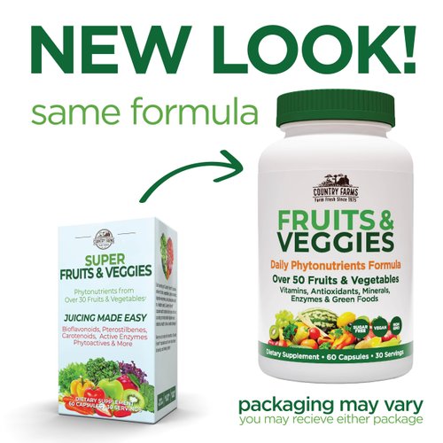 COUNTRY FARMS Super Fruits and Veggies Capsules, Whole Food Supplement, Powerful Antioxidant, Supports Energy, Immune Health, Boosts Digestive Health, 30 Super Foods, 30 Servings