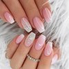 Light Pink Press on Nails Short Coffin Fake Nails Shimmer Bling False Nails with Silver Glitter Designs Gradient Glue on Nails Full Cover Acrylic Nails for Women 24 Pcs