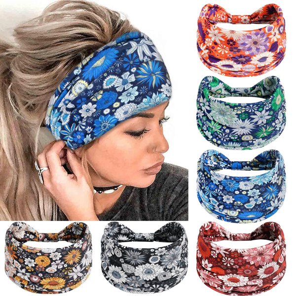SAWINDA 6 Pack Boho Headbands for Women Wide African Style Elastic Non-Slip Twisted Head Bands for Women's Hair Sunflower Print Thick Hair Wraps Yoga Workout Turbans Accessories