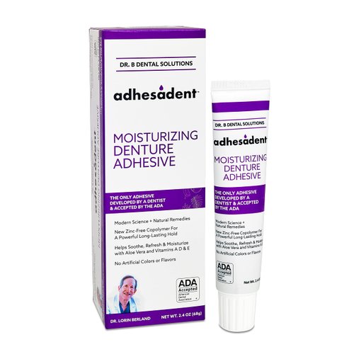 Dr. B Dental Solutions Adhesadent Moisturizing Denture Adhesive - Secure Denture Glue with Strong Grip & Natural Taste - Zinc-Free Dental Adhesive for Dentures, Overdentures - 2.4 oz