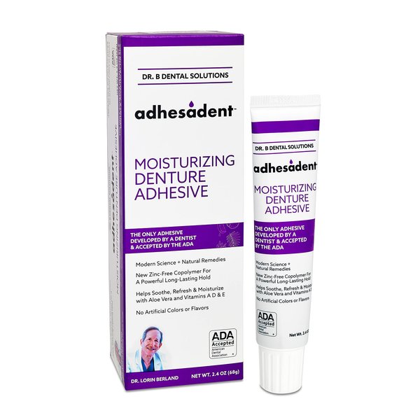 Dr. B Dental Solutions Adhesadent Moisturizing Denture Adhesive - Secure Denture Glue with Strong Grip & Natural Taste - Zinc-Free Dental Adhesive for Dentures, Overdentures - 2.4 oz