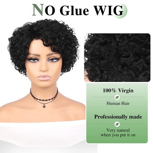 Fancy Hair Short Curly Human Hair Wigs For Black Women Side Part Pixie Cut Kinky Curly Wig Natural Black Deep Curly No Lace Front Brazilian Remy Human Hair Wig for Women Daily Use