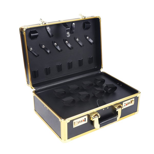 Professional Barber Case, Barber Tool Kits Storage, Double Layer Travel Barber Tool Box, Luxury Carrying Case for Beauty Hair Stylist Pet Groomer with Handle & Secure Numlock, Black+Gold (Style 2)