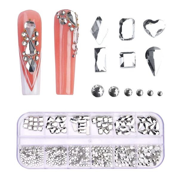 Eseres Nail Art Rhinestones Mixed Size Multi-Shape Crystals for Nail Designs Flatback Round Beads White Rhinestone for Nail Art Craft