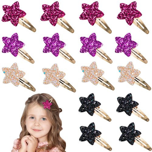 Ambesi 16 Pcs Star Hair Clips Glitter Sequins Hair Clips Set Colorful Hair Pins Hair Accessories for Girls Kids Teens Women Gifts, Black&Rose&Purple&Champagne