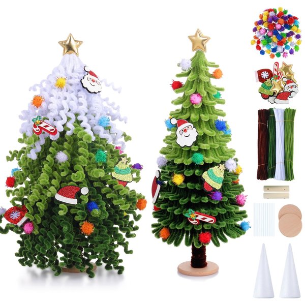 Geyoga 2 Set DIY Christmas Tree Craft Kits Pipe Cleaner DIY Kit Make Your Own Light Christmas Tree DIY Christmas Ornaments Accessories for Christmas Holiday Classroom Activities Party Favors