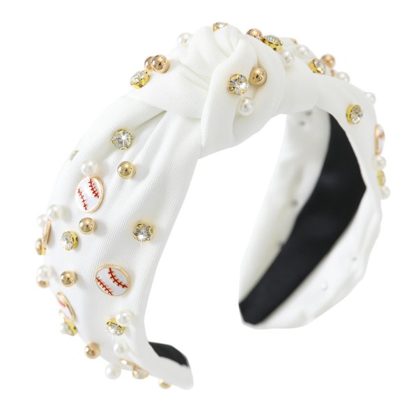 Gmmidea Baseball Headbands for Women Pearl Crystal Knotted Headband Bejeweled Baseball Charm Embellished Headband Wide Knot Sports Headpiece Game Day Hair Accessories White