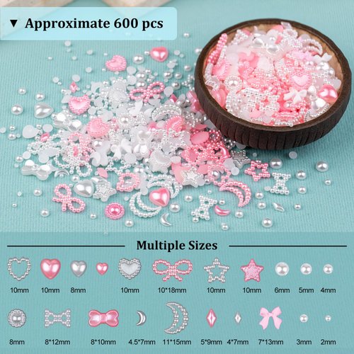 600Pcs 3D Multi Shapes Nail Charms and Flatback Pearls, White&Pink Mix Styles Heart Star Bow Sunflower Embellishments for Nail Art, Craft and Decoration with Glue Gel, Tweezer and Pickup Pencil