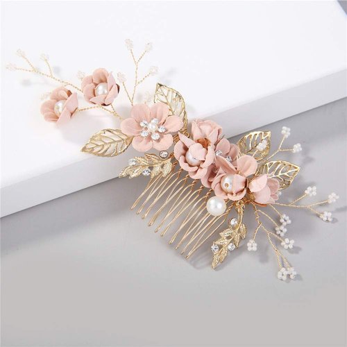 Hair Side Combs Bride Wedding Hair Comb Flowers Pearl Bridesmaids Hair Piece Accessories Vintage Bridal Hair Clips for Women and Girls (Pink)