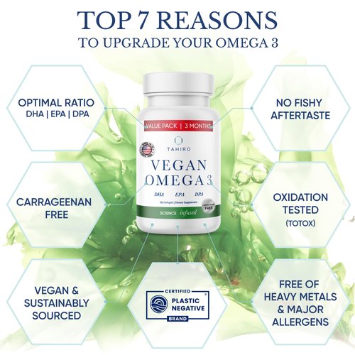 TAHIRO Vegan Omega-3 Softgels - Plant-Based Supplement with DPA, DHA & EPA - Nutrients for Men, Women and Pregnant Women - Supports Brain Health - Prenatal & Joint Supplements, 1000mg