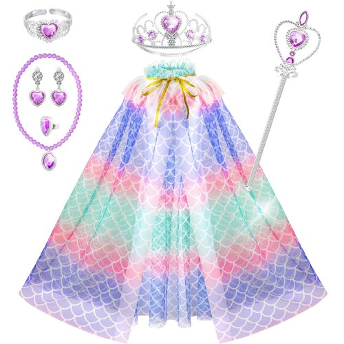 Fedio Princess Cape Set 7 Pieces Girls Princess Cloak with Tiara Crown, Wand for Little Girls Dress up (Mermaid)