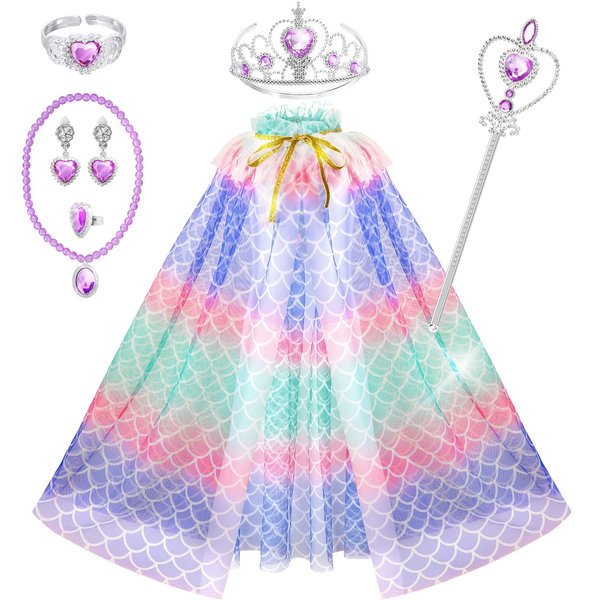 Fedio Princess Cape Set 7 Pieces Girls Princess Cloak with Tiara Crown, Wand for Little Girls Dress up (Mermaid)