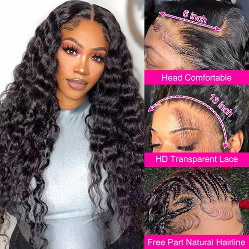 Ice Pear 13x6 Deep Wave Lace Front Wigs Human Hair 24 Inch HD Transparent Deep Curly Lace Frontal Wigs Human Hair 150% Density Glueless Wigs Human Hair Pre Plucked with Baby Hair Natural Color