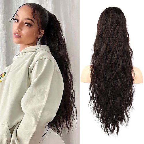 FLUFYMOOZ Ponytail Extension, 26 Inch Drawstring Ponytail Hair Extensions for Women，Long Curly Wavy Ponytail Natural Wavy Synthetic Hairpiece for Women Daily Use party (26 Inch Black Brown)