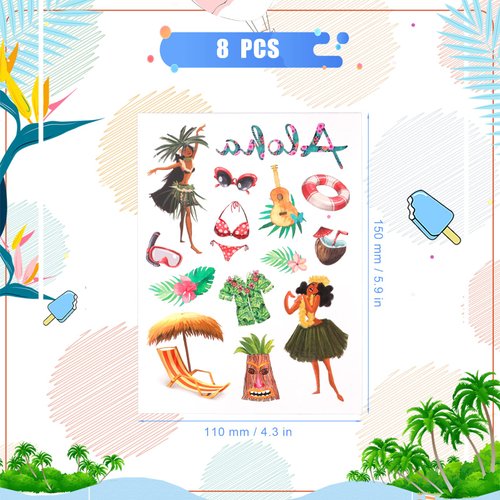 KINBOM 8 sheets Temporary Tattoos Stickers, Temporary Tattoo Kids Hawaiian Luau Birthday Party Decorations Hawaiian Tattoos Summer Pool Beach Tropic Party Supplies for Kids Boys Girls Adults