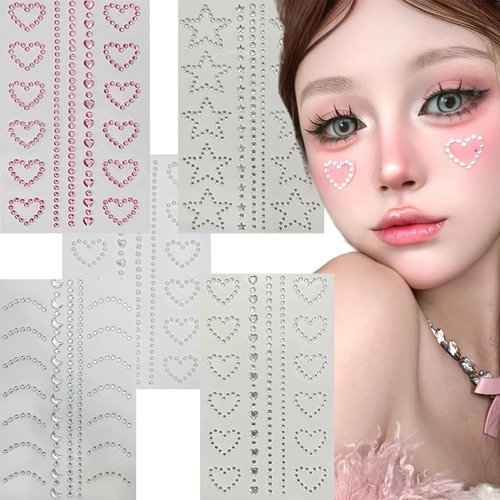 3D Face Jewels Makeup Eyes Self-adhesive Crystal Diamond Tattoo Stickers Stars Heart Gems Pearl Rhinestones DIY Women Eyes Face Body Art Party Festival Accessories