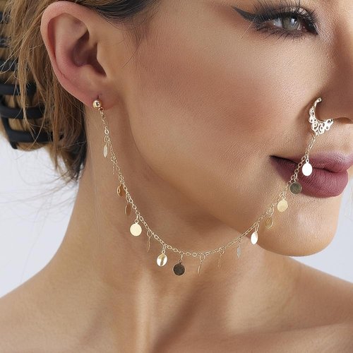 Octwine Women Tassels Nose Rings Earrings Chain Hoops Earrings Chain Fake Nose Ring Chain Non Piercing Nose Rings Earrings to Dangle Halloween Earring for Women (Gold Sequin)