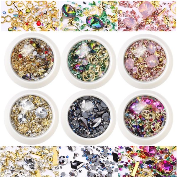 editTime 6 Wheels Mixed Sparkle Nail Art Rhinestones Diamonds Crystals Beads Artificial Pearls and Gold Silver Nail Studs Gems Metal Rivets Charms Hollow Moon Star Shaped (Micro Mini Stones kit)