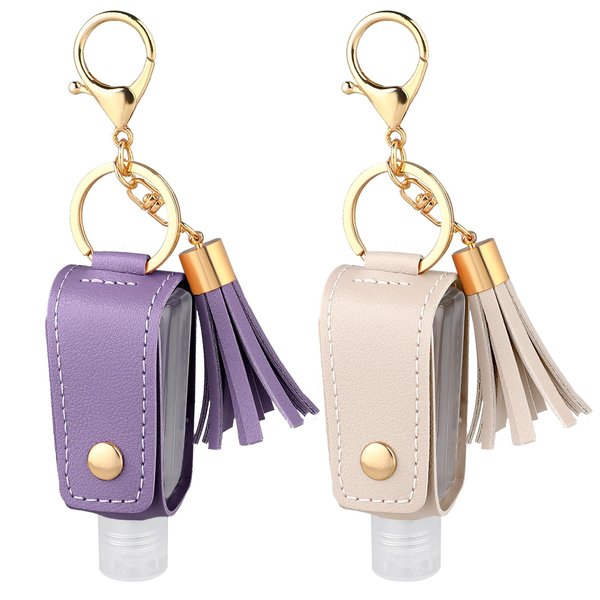 Mozeat Lens 2 Pcs Small Hand Sanitizer Keychain Portable Leather Hand Sanitizer Holder Leakproof Plastic Empty Bottles Hand Sanitizer Travel Holder Bottle for Lotion Liquid Soap Shampoo Purple White