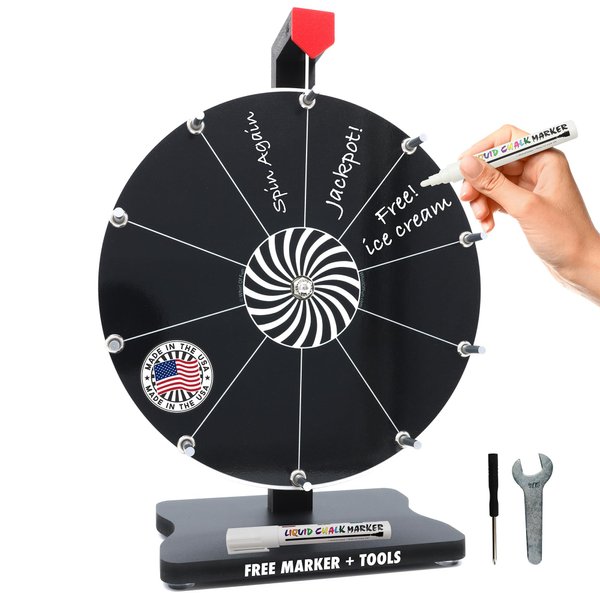 Whirl of Fun 12" Black Prize Wheel - Spinning Wheel for Prizes with Stand, 10 Slots, Customize Erasable Dry Erase Surface, Portable, Tools Included, Made in USA