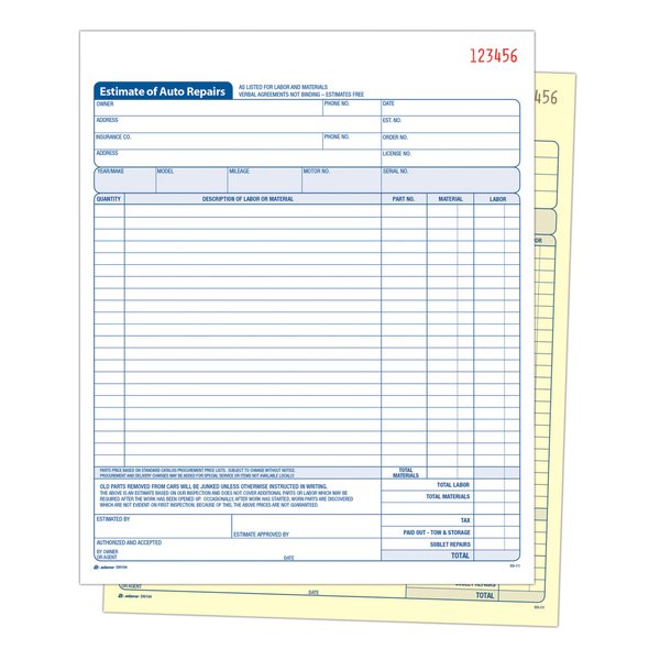 Adams Auto Repair Estimate Book, 2-Part, Carbonless, White/Canary, 8-3/8 x 10-11/16 Inches, 50 Sets per Book (D8104)