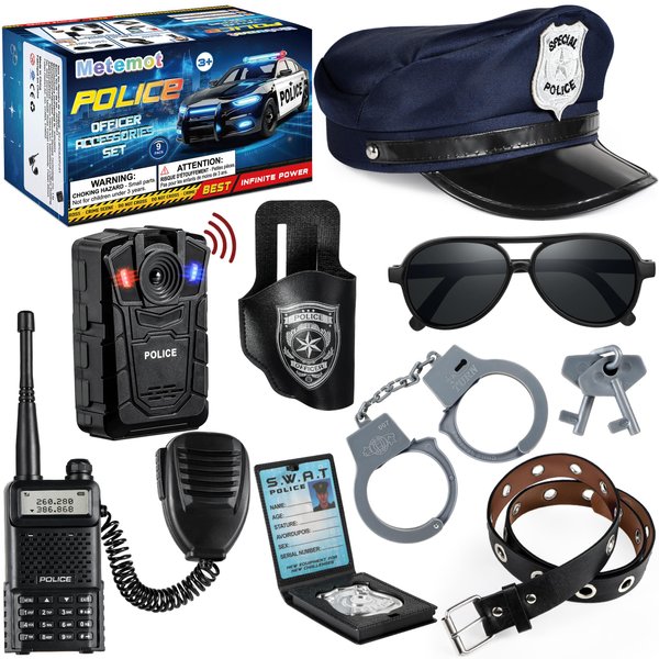 Metemot 9Pcs Police Toys, Police Costume Accessories for Kids, Cop Costume Accessories, Toy Handcuffs, Police hat, Police Officer Costumes Gear for Kids, Halloween for Kids Boys Girls