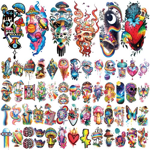 Temporary Tattoo Adult Sleeve, Sugar Skull Mushroom Floral Tribal Eye Half Arm Sleeve Fake Tattoos for Adults Women Men, Waterproof Tiny Tattoos Sticker for Girls Boys and Kids, 77 Sheets