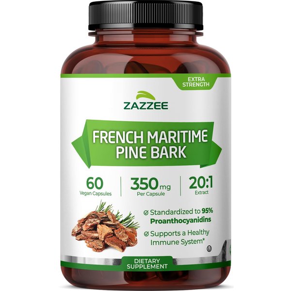 Zazzee Extra Strength French Maritime Pine Bark 20:1 Extract, 350 mg Per Capsule, 60 Vegan Capsules, 95% Proanthocyanidins, Kosher, 2 Month Supply, Standardized 20X Extract, Non-GMO, Made in The USA