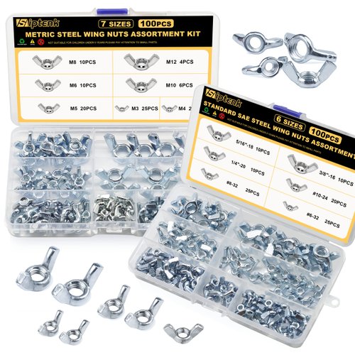 Siptenk Wing Nuts 200PCS, Metric & SAE Wingnuts 13 Assorted Sizes Carbon Steel Zinc Plated Butterfly Wing Nut M3-M12 6-32 to 3/8"-16 Fasteners Hardware Assortment Kit