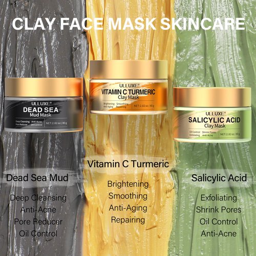 Facial Clay Mask Set - Vitamin C Turmeric Mask, Dead Sea Mud, and Salicylic Acid Mask for Pores, Blackheads, Improve Dark Spots, Even Skin Tone, and Radiant Skin, Face Skincare Mud Masks 2.82 oz each