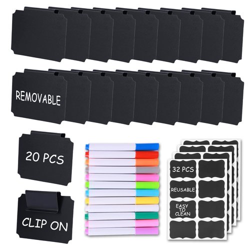 20 Pieces Basket Labels Clip On Set for Storage Bins Kitchen Pantry Basket Box Cube Laundry Organization, with 32 Pieces Removable Chalkboard Tag Stickers and 12 Pieces Chalk Marker