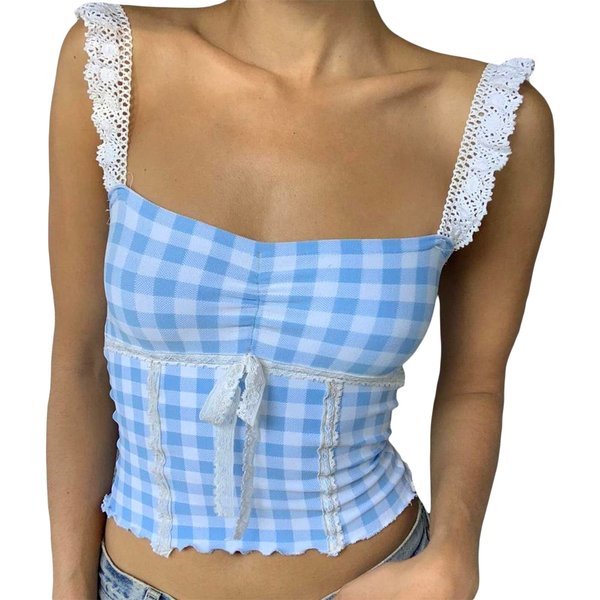 Women Y2K Cami Tank Top Spaghetti Strap V Neck Camisoles Summer Cute Sleeveless Crop Top Streetwear(T-Cute Blue Plaid Top,S)