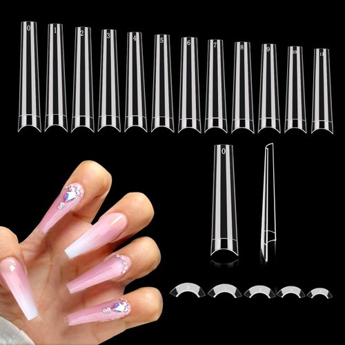 600PCS No C Curve Coffin Nail Tips, XXL Clear Coffin Nail Tips for Acrylic Nails Professional, Long Coffin Nail Tips Half Cover Flattened Acrylic Nail Tips Fake Nails for Nail Salon Home DIY 12 Sizes