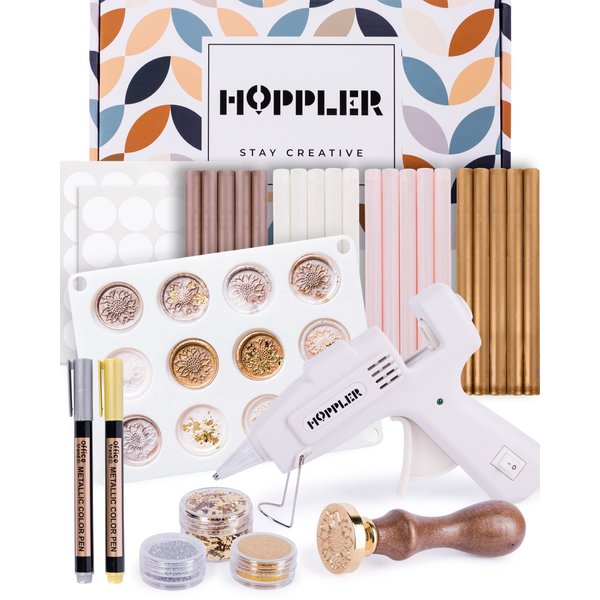 Hoppler Premium Wax Seal Kit with Sealing Wax Gun, Wax Seal Sticks, Wax Seal Stamp, 12 Cavity Silicone Wax Seal Mold, and Extra Additions to Make Seals Stand Out and Make Invitations in Bulk.