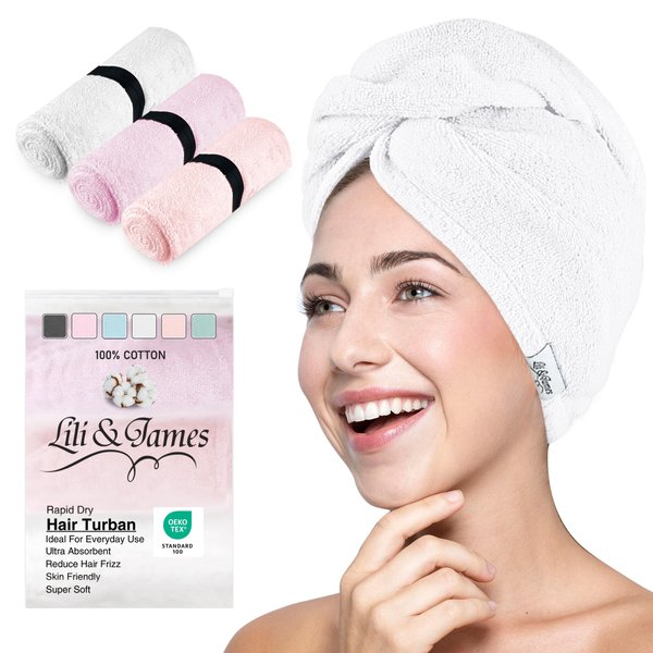 Cotton Hair Towel Wrap for Women/Kids | Quick Dry, Soft & Absorbent 420 GSM Hair Wrap Towels with Double Button | Anti Frizz, Non Microfiber Hair Turbans for Curly, Long Hair (White+Pink+Lilac)