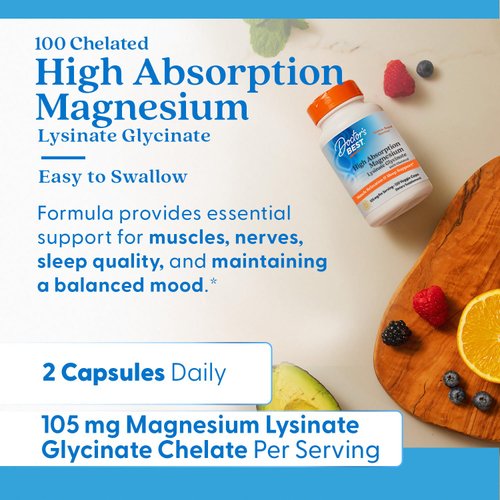 Doctor's Best High Absorption Magnesium Lysinate Glycinate Capsule, Easy to Swallow, 120 Ct