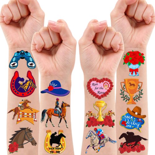 100PCS Kentucky Derby Horse Racing Tattoos Temporary Theme Birthday Party Decorations Favors Supplies Decor Equestrian Run For The Rose Tattoo Sticker Gifts For Kids Boys Girls School Prizes Carnival