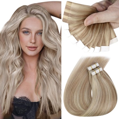 Sunny Hair Warm Ash Blonde Tape in Hair Extensions Human Hair Highlight Tape in Extensions 24Inch Tape in Hair Extensions Warm Ash Blonde with Bleach Blonde Tape in Human Hair Extensions 10pcs