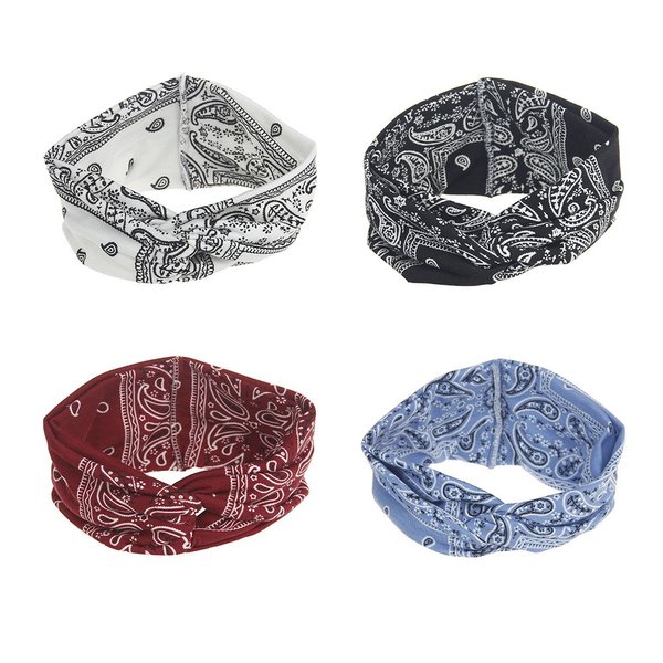 DINPREY Assorted Paisley Print Wide Bandana Knot Headbands Criss Cross Head Wrap Hair Band (4 Colors Pack B)