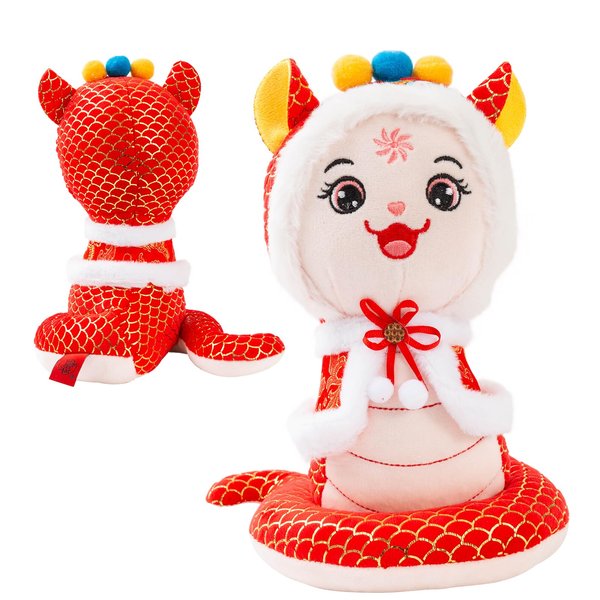 KHJCXS 10" Chinese New Year Plush,Lunar New Year Snake Plush Toy with 3D Cape&Cute Expression,Soft and Cute Cartoon Snake Stuffed Plush for Chinese New Year Gifts Blessing,Kids Gifts (Red)