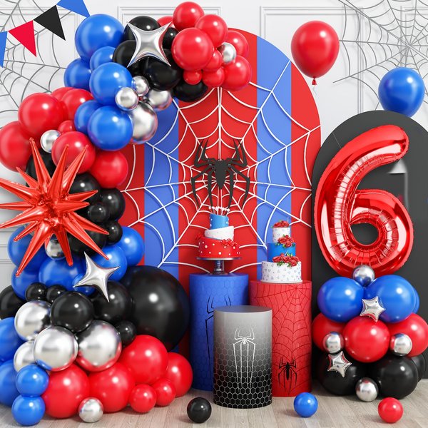 Spider 6th Birthday Party Supplies, Spider Balloon Garland Arch Kit, Include 40 Inch Red Number 6 Balloon, Star Foil Balloon, Blue Black Red Silver Balloons for Boys Superhero 6th Birthday Decorations