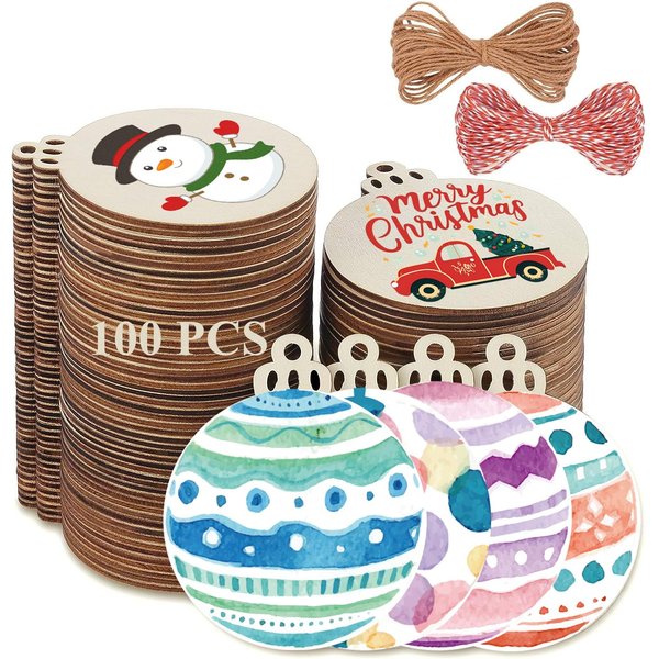 FCDECOR 100PCS Christmas Wooden Ornaments Unfinished, DIY Christmas Crafts for Kids, Wood Slices DIY Crafts Supplies for Girls Adults, Christmas Ornaments Holiday Decoration