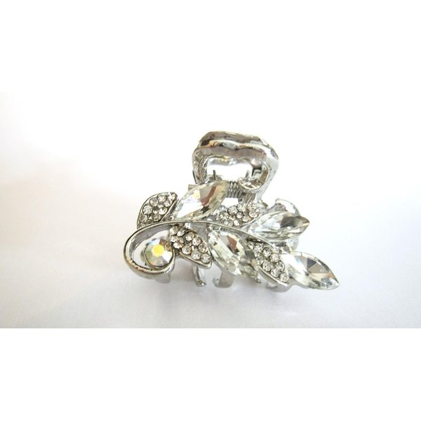 Small silver metal leaf crystal sparkle hair claw clip bridal clip