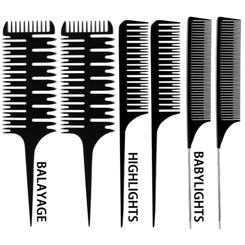 6 Pieces Highlighting Weaving Comb Dyeing Hair Comb Weaving Sectioning Foiling Comb Rat Tail Styling Hair Dyeing Combs for Highlights Foiling Balayage Hair Coloring (Assorted Style)