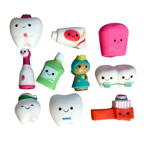 Dental Character Rubber Toys - Tooth Fairy Toys, Dentist Rewards, Dentist Office Giveaway, Stress Relief, Fidget Toy, Party Favors, Reward Chest, Treasure Chest, Goodie Bags - Set of 10