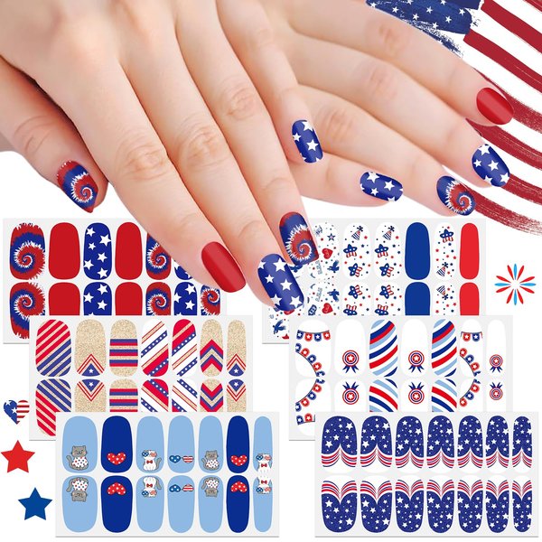 SILPECWEE 6 Sheets 4th of July Nail Wraps for Women Independence Day Nail Polish Stickers Patriotic American Self Adhesive Nail Polish Strips Gel Nail Strips Manicure Design with Nail File