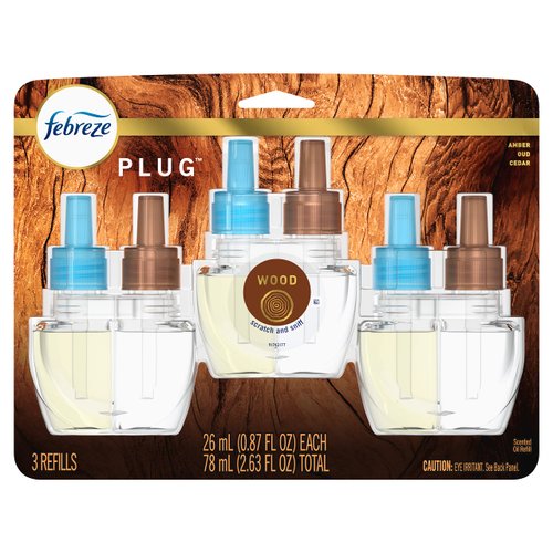 Febreze Origins Fade Defy PLUG Air Freshener & Odor Fighter, Wood, (3) .87 fl. oz. Oil Refills